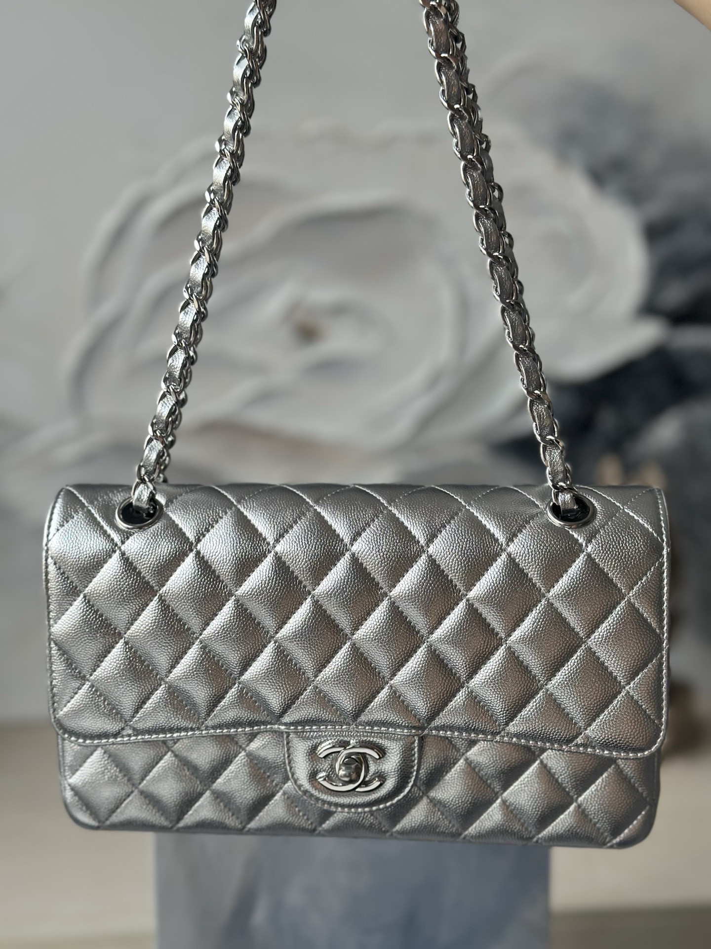 Ch**el Flap Bag Pearlescent Silver AS1112 25.5x15.5x6cm