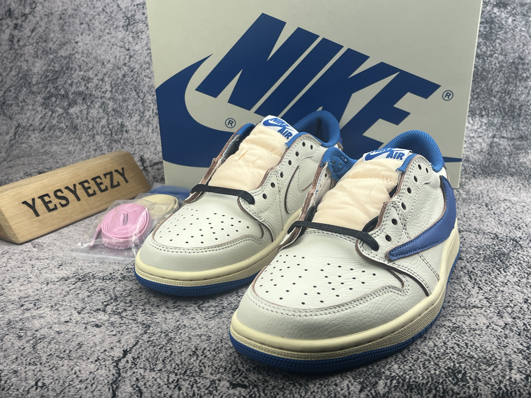 UA Air Jordan 1 Retro Low OG SP Fragment x Travis Scott Sail Military Blue