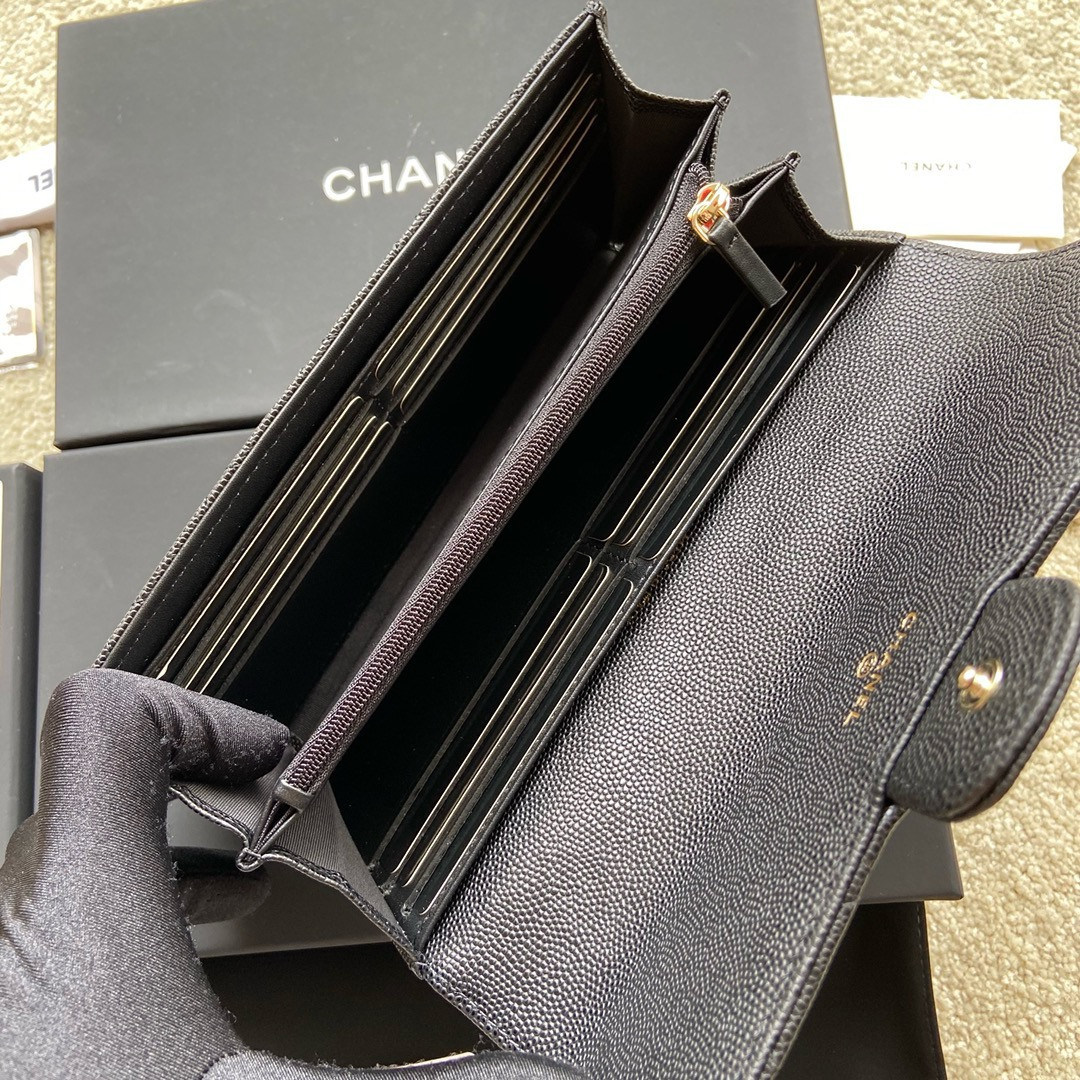 Ch**el FLAP WALLET GRAINED LEATHER BLACK GOLD 19.5 x10 cm