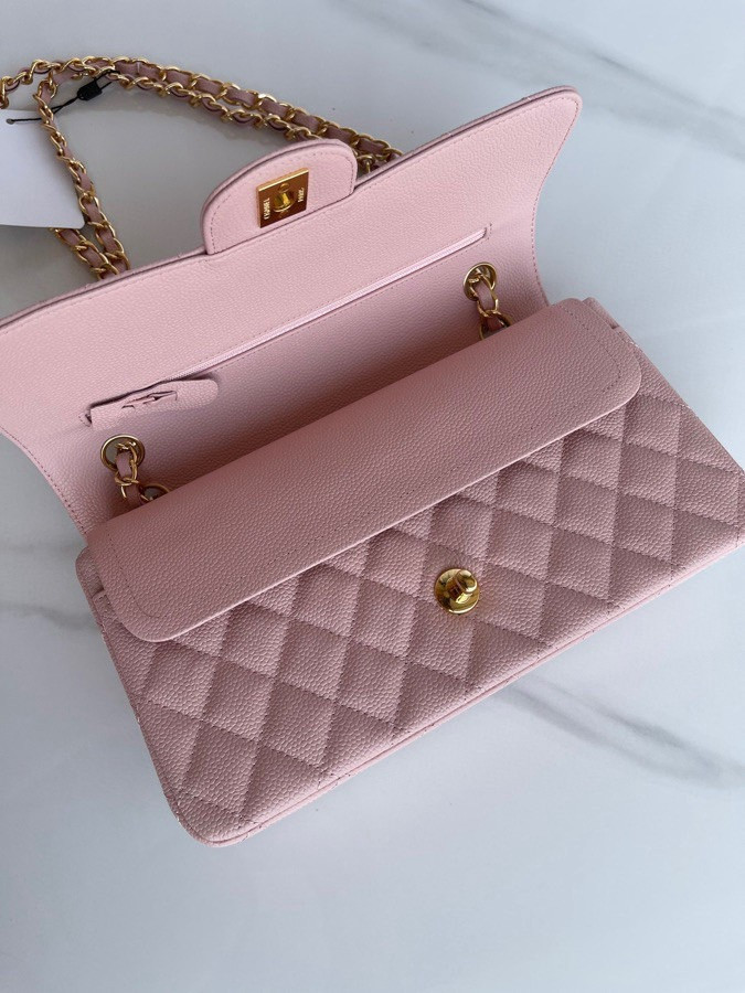 Ch**el CLASSIC HANDBAG GRAINED CALFSKIN & GOLD-TONE METAL PINK 6 × 9.9 × 2.5 in