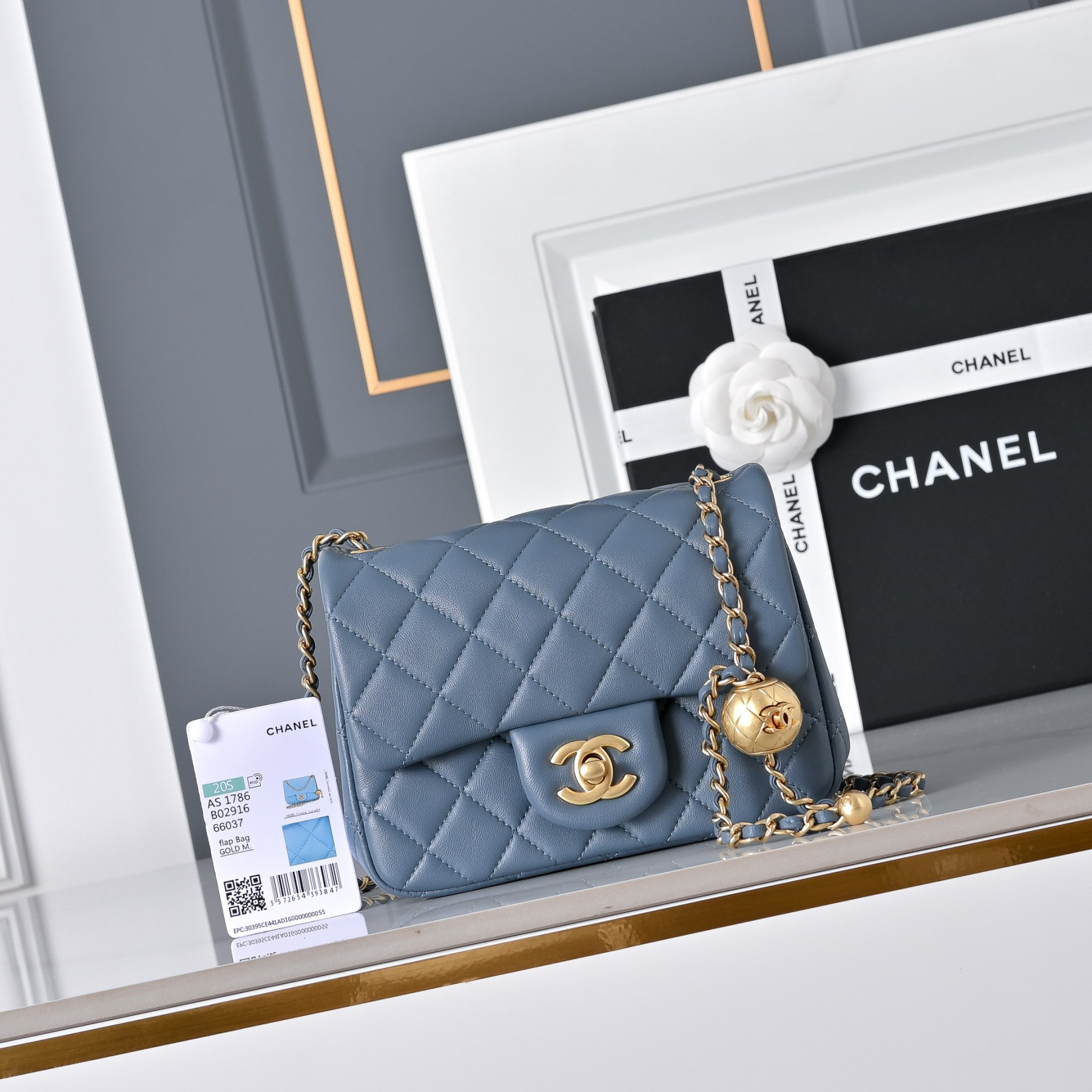 Ch**el Mini Flap Bag Misty Blue AS1786 13.5x17x8cm
