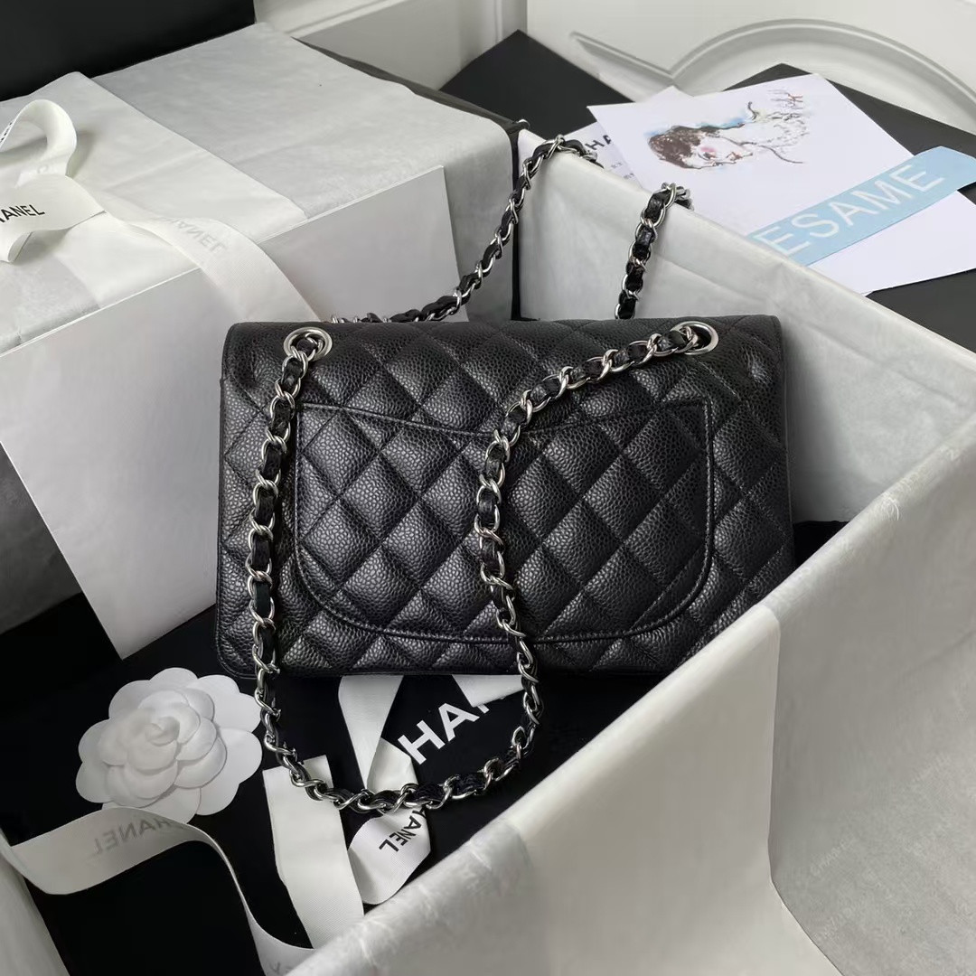 Ch**el SMALL CLASSIC HANDBAG Grained Calfskin & Silver-Tone Metal Black 5.7 × 9 × 2.3 in