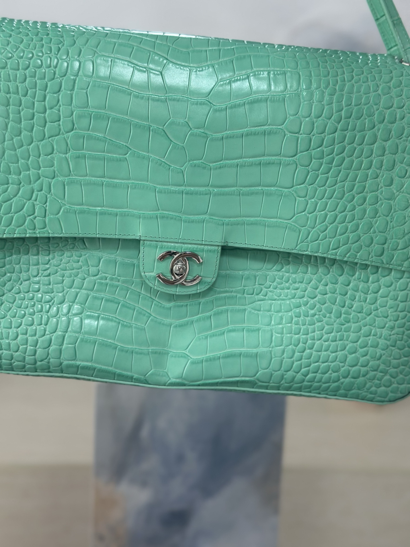 Ch**el Maxi Flap Bag Glacier Blue Silver hardware AS6233 26x38.5x11cm