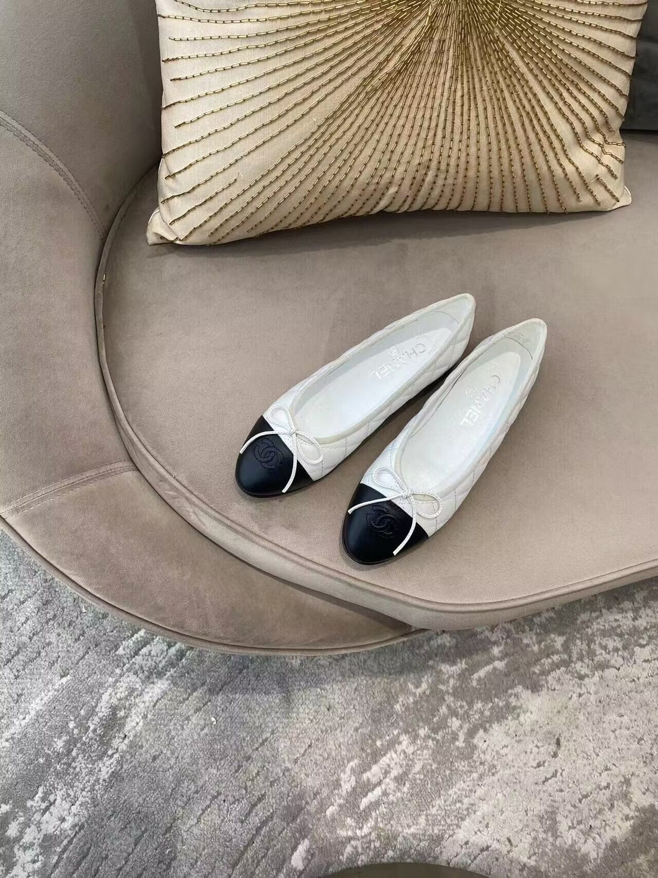 Ch**el BALLET FLATS  Aged Calfskin White & Black