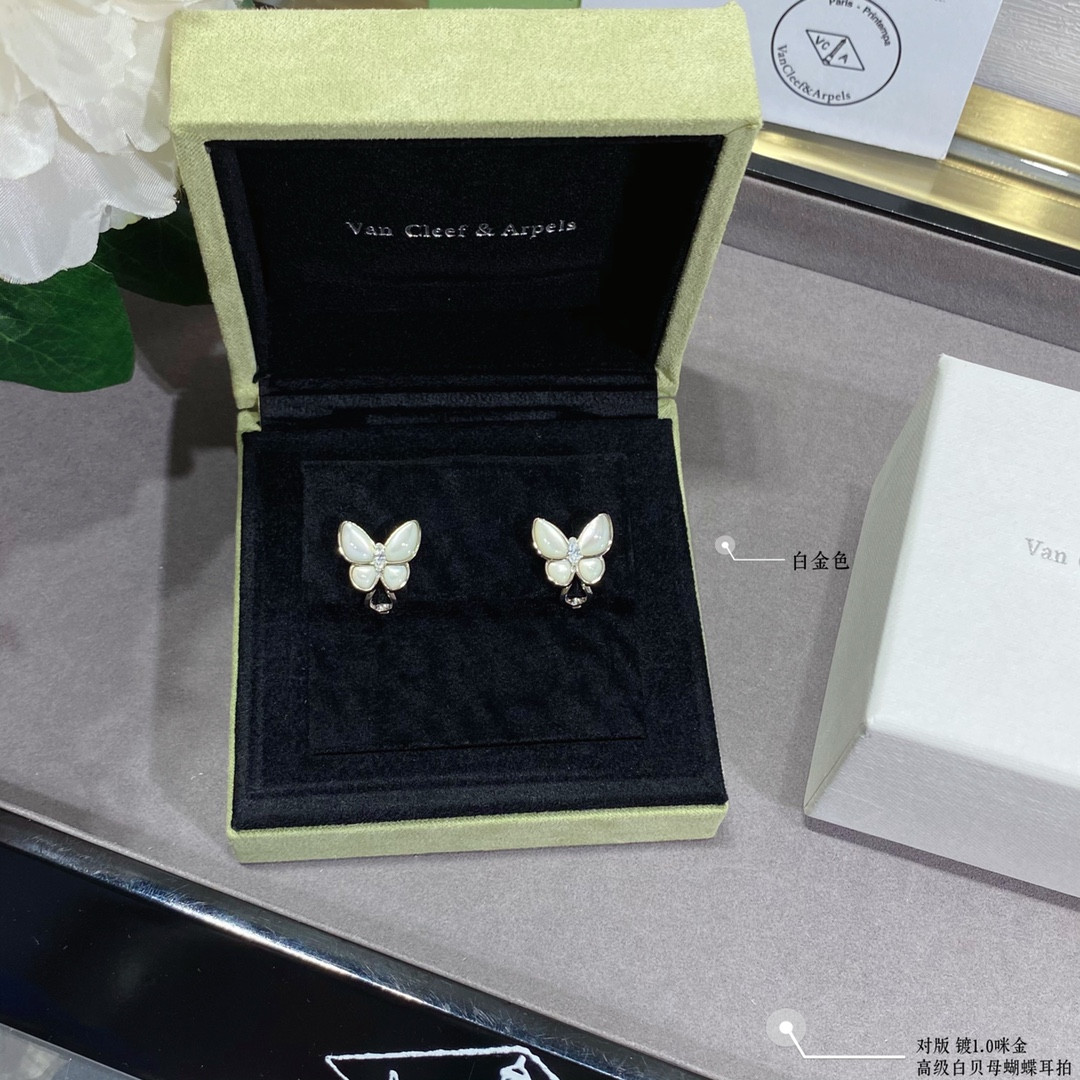 V*n Cl**f & Arpels White Mother-of-Pearl Butterfly Earrings