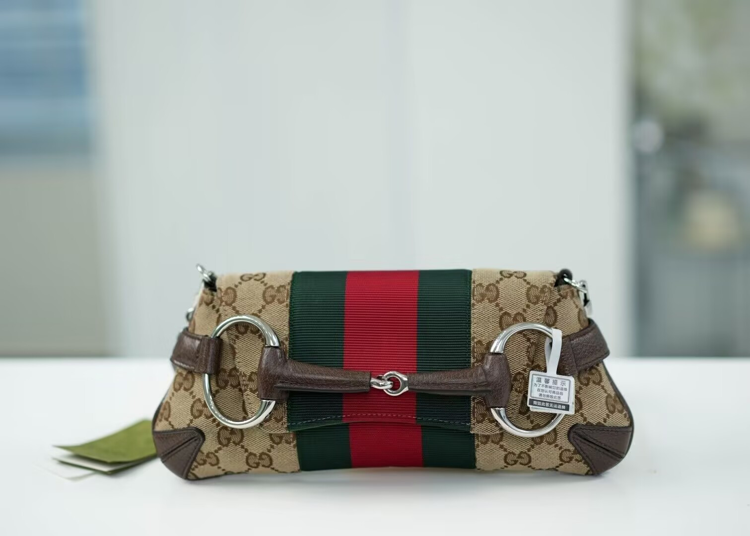 Gvc*1 Monogram Textured Dollar Calfskin Heavy Grosgrain Web Medium Maxi Horsebit Chain Shoulder Bag 27x11.5x5cm