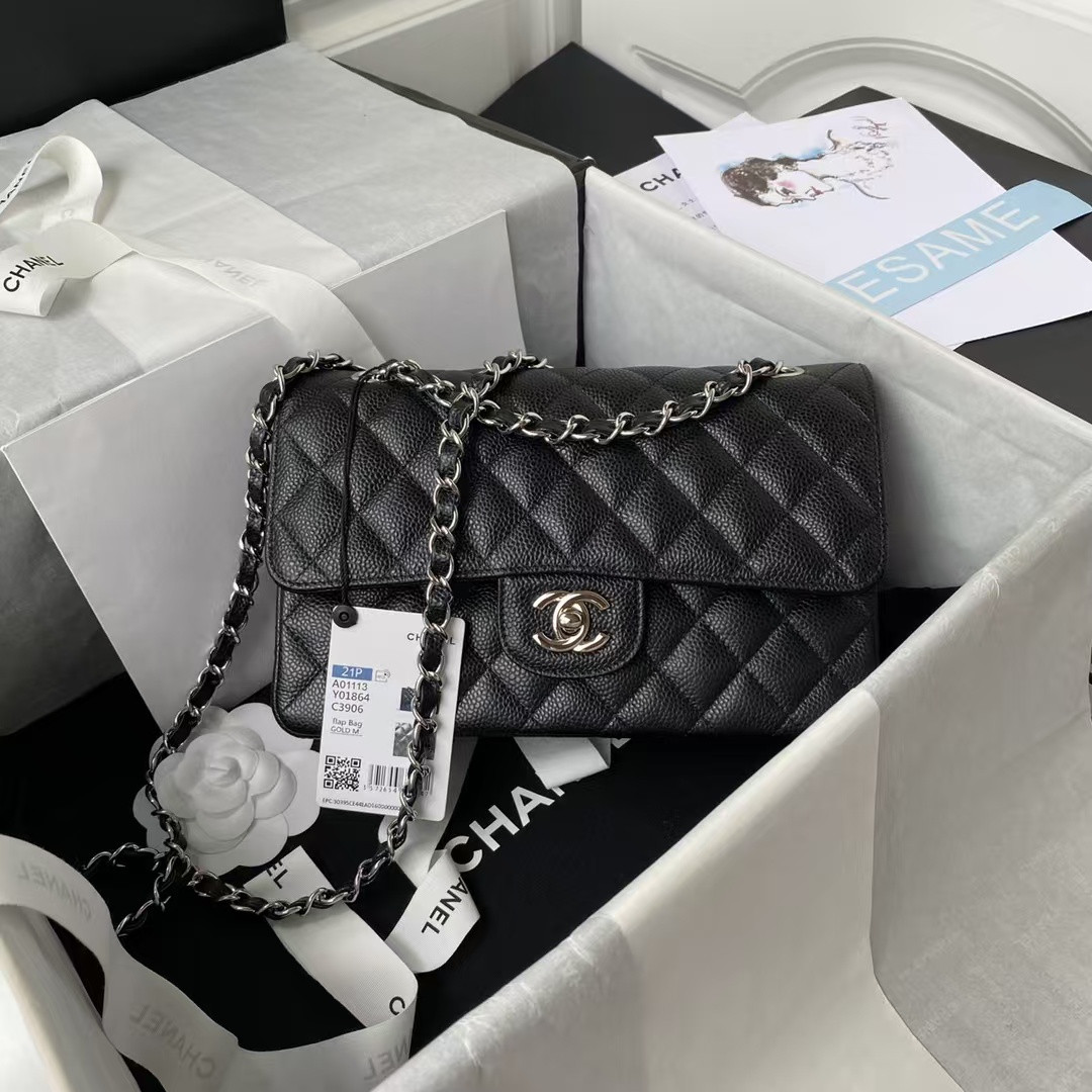Ch**el SMALL CLASSIC HANDBAG Grained Calfskin & Silver-Tone Metal Black 5.7 × 9 × 2.3 in