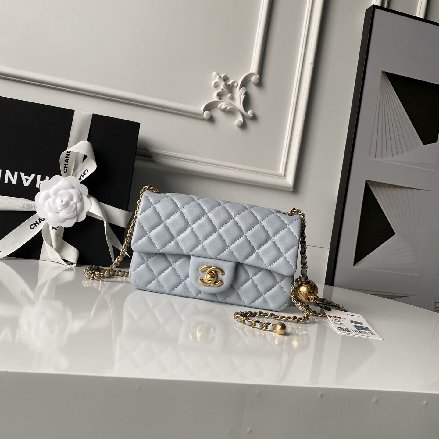 Ch**el MINI FLAP BAG SHINY CALFSKIN & gold-TONE METAL gray 4.7 × 7.8 × 2.3 in