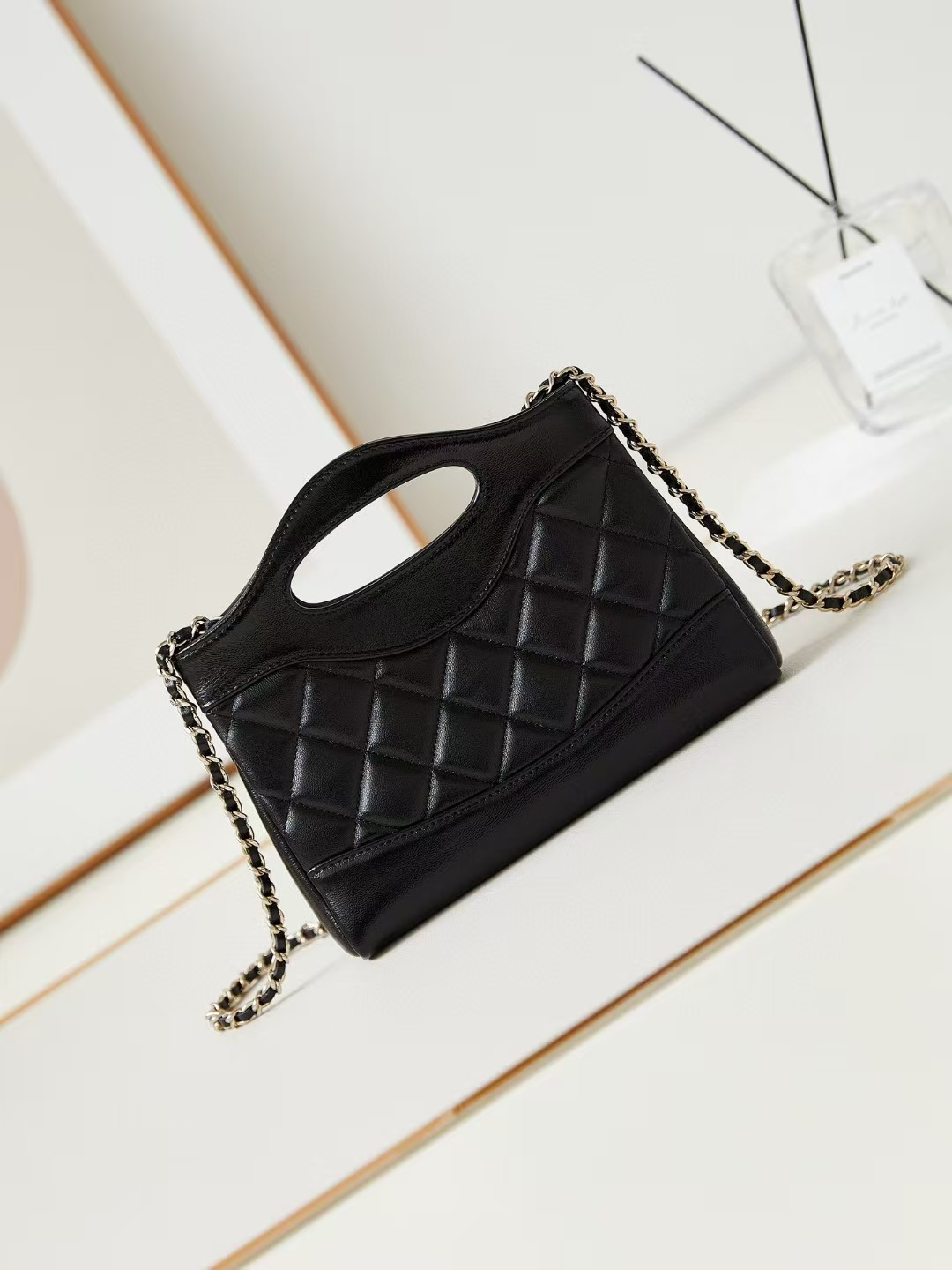 Ch**el 31 Nano Chain Bag Lambskin Gold Tone Metal Black AS3656 17.5x20.5x4cm