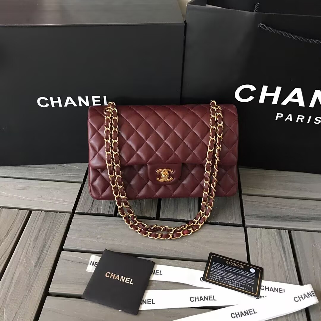 Ch**el CLASSIC 11.12 HANDBAG  Lambskin &Brown Metal Burqundy 15.5 x 25.5 x 6.5 cm