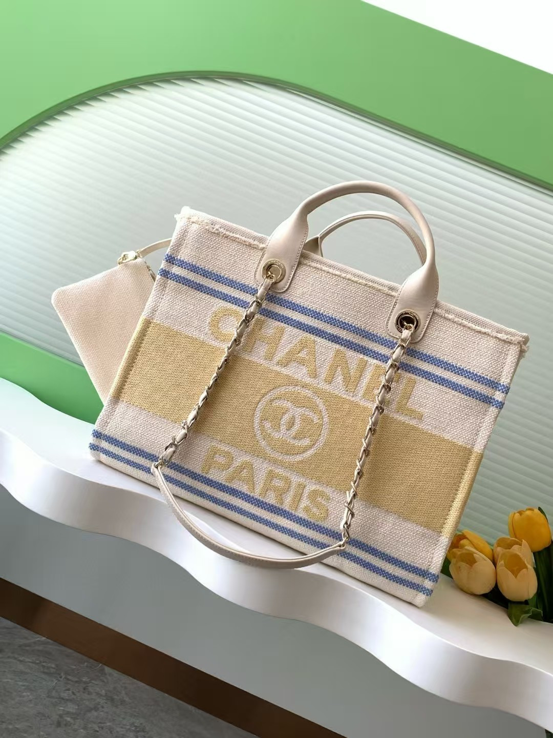 Ch**el Shopping Bag Cotton Canvas & Gold-Tone Metal 38x30x22cm