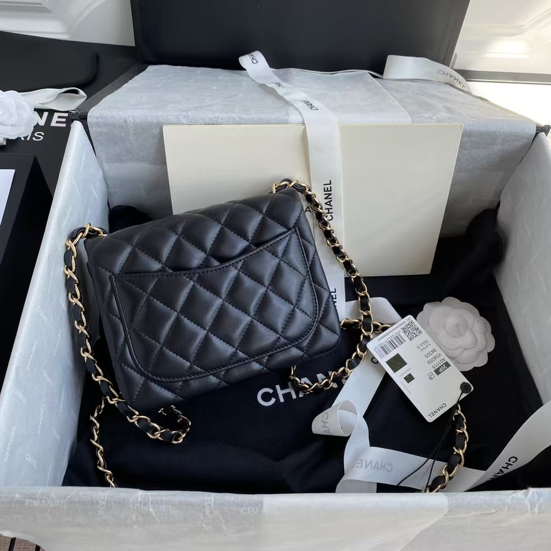 Ch**el Mini Classic Handbag Lambskin & Gold-Tone Metal Black 5.3 × 6.6 × 3.1 in