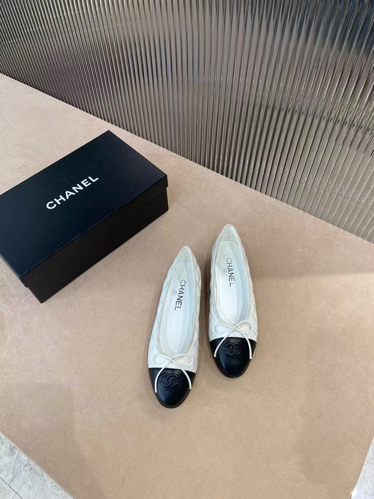Ch**el BALLET FLATS  Aged Calfskin White & Black