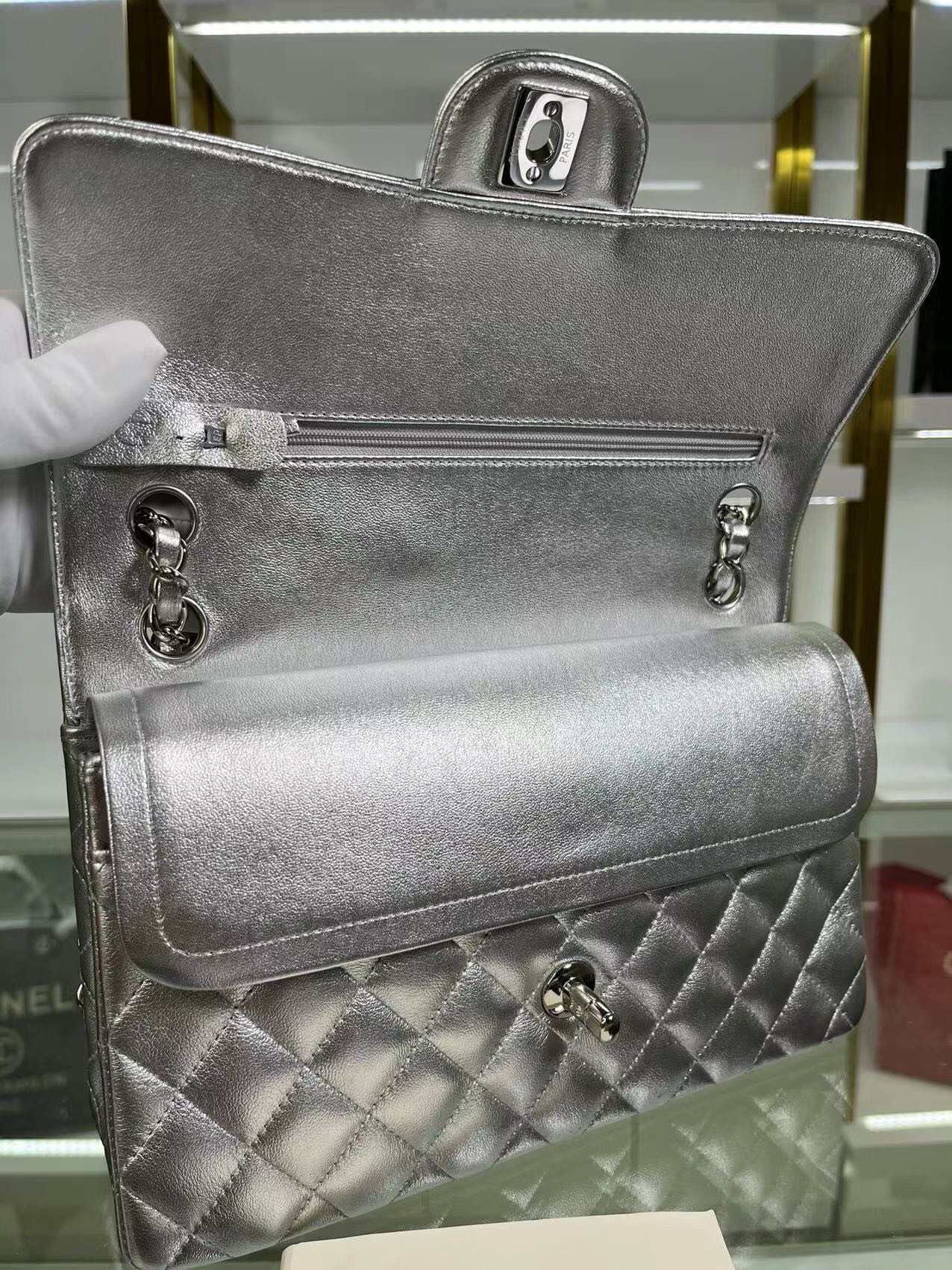 Ch**el Classic Flap a01112 SILVER 15.5×25.5×6.5cm