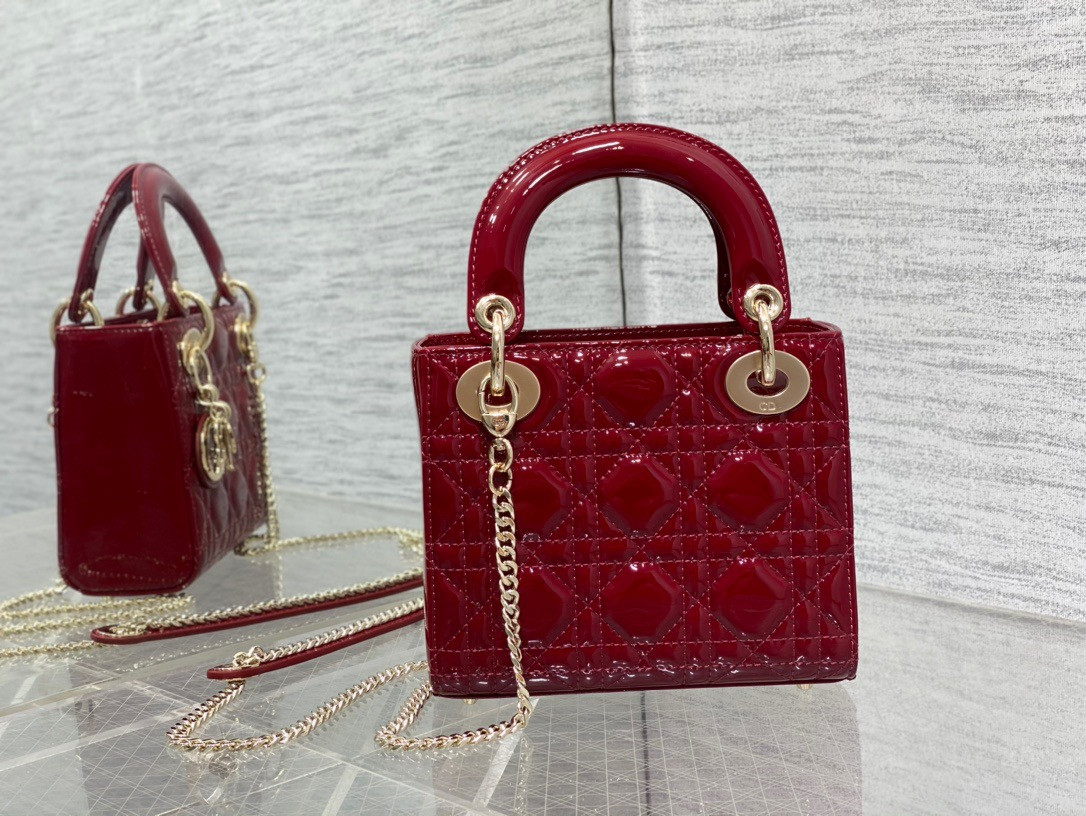 Mini Lady D10r Bag  Cherry Red Patent Cannage Calfskin 6.5 x 6 x 3 inches