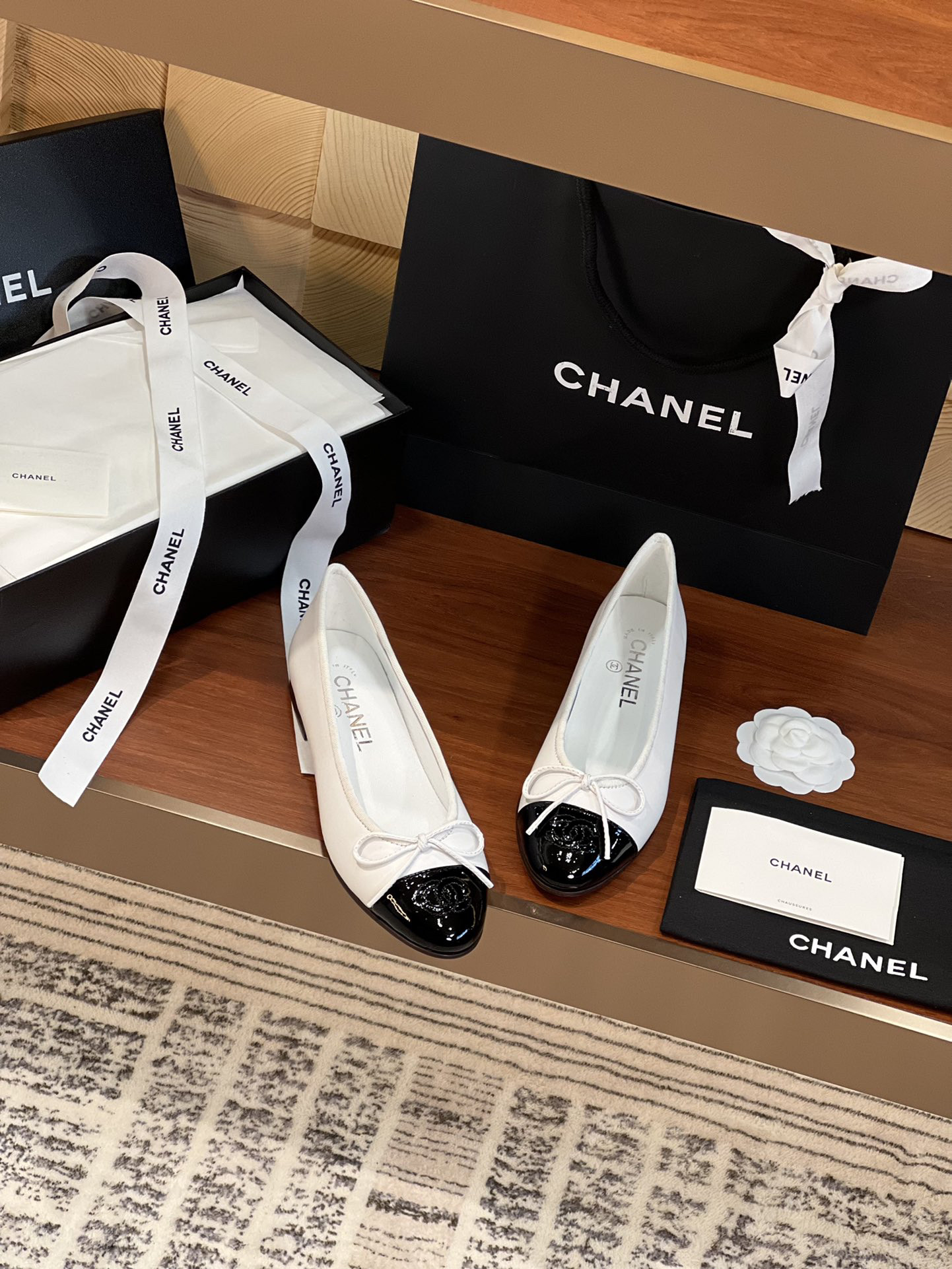 Ch**el BALLET FLATS Lambskin & Grosgrain White & Black