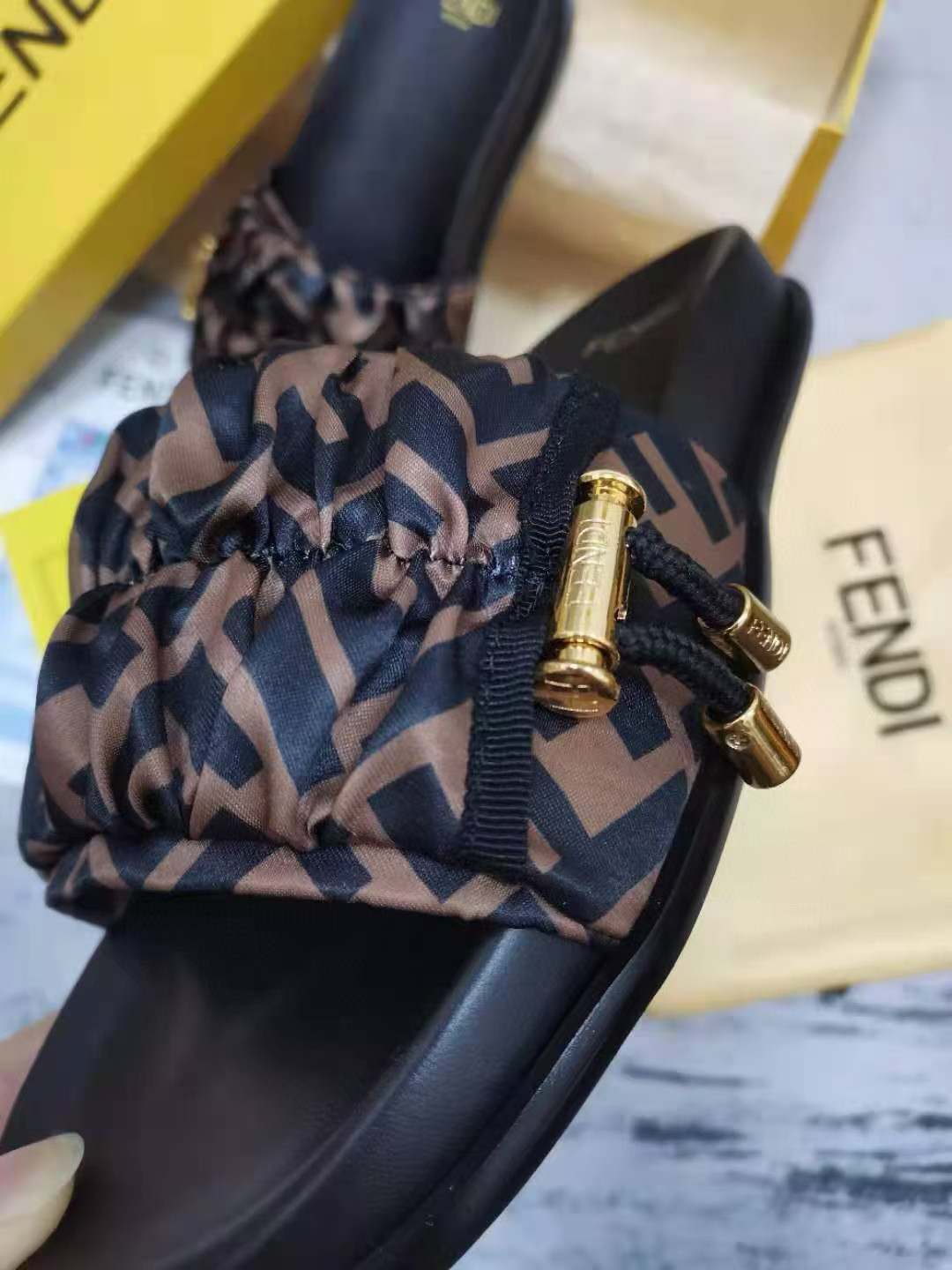UA F**di Feel Brown satin slides