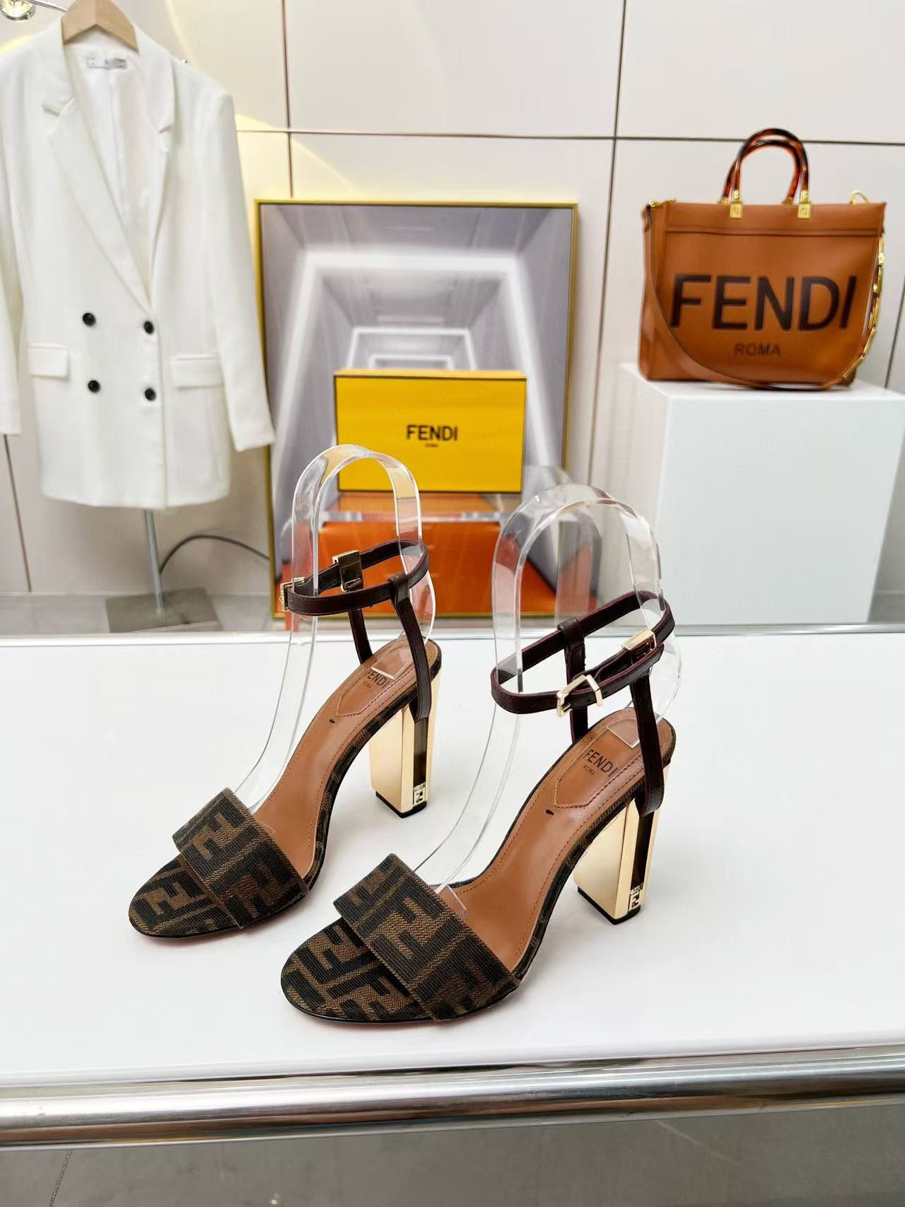 UA F**di Delfina Brown fabric high-heeled sandals
