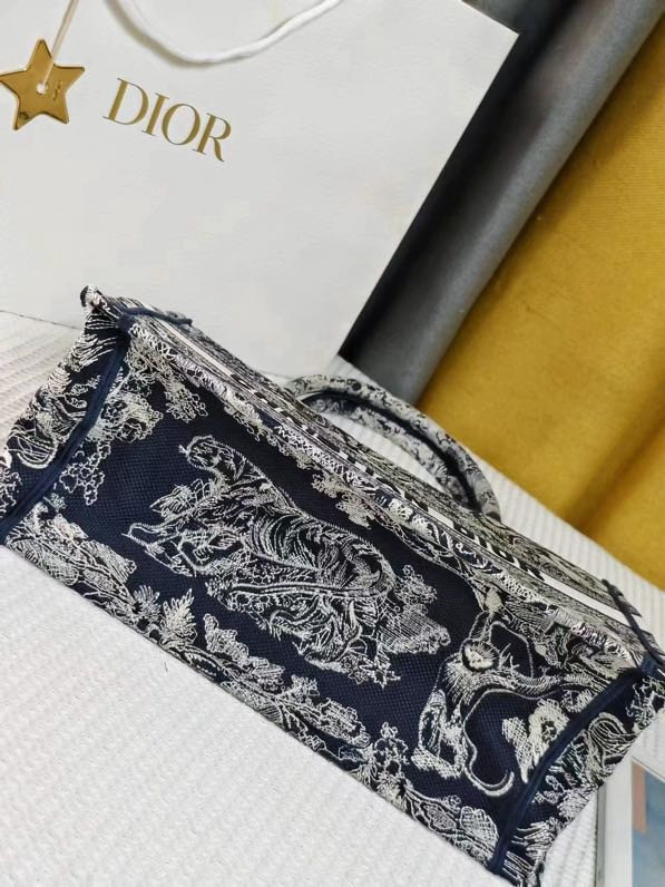 LARGE D10r BOOK TOTE Blue and Ecru Toile de Jouy Reverse Embroidery 16.5 x 14 x 7.5 inches