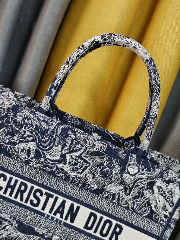 LARGE D10r BOOK TOTE Blue and Ecru Toile de Jouy Reverse Embroidery 16.5 x 14 x 7.5 inches