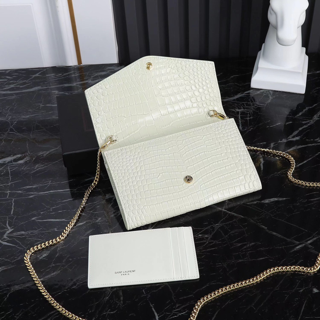 Y51 UPTOWN CHAIN WALLET IN CROCODILE-EMBOSSED SHINY LEATHER 7.5 X 4.7 X 1.2 INCHES