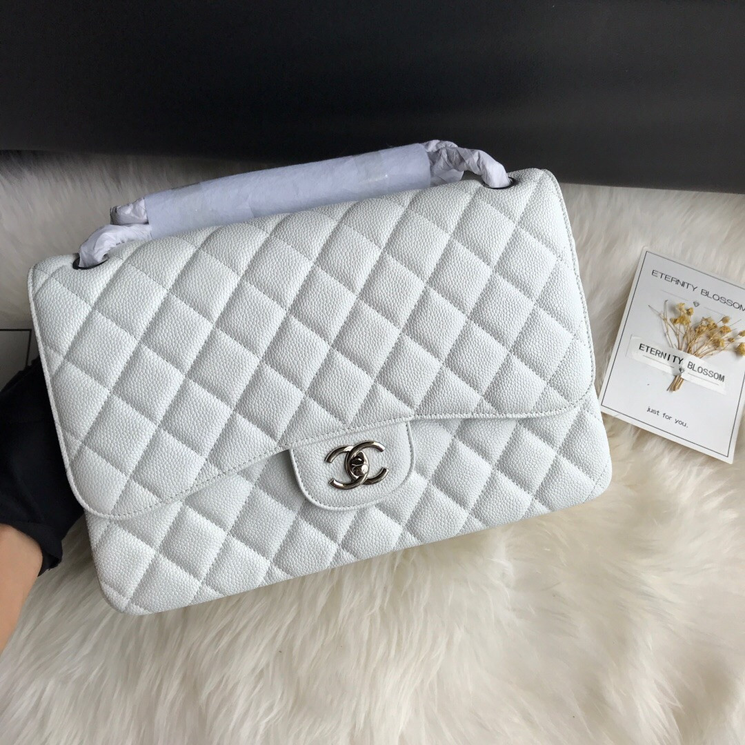 Ch**el Classic Flap Jumbo 30cm CF White Silver 7.6 × 11.7 × 3.9 in