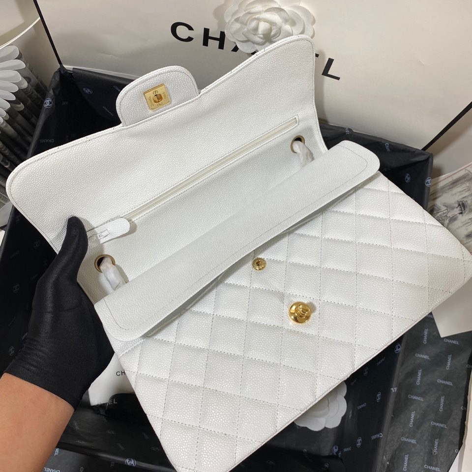 Ch**el Classic Flap Jumbo 30cm CF White Gold  7.6 × 11.7 × 3.9 in