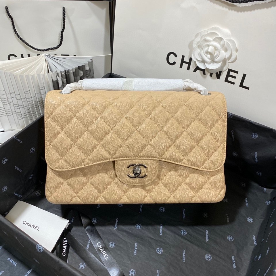 Ch**el Classic Flap Jumbo 30cm CF Khaki Silver 7.6 × 11.7 × 3.9 in