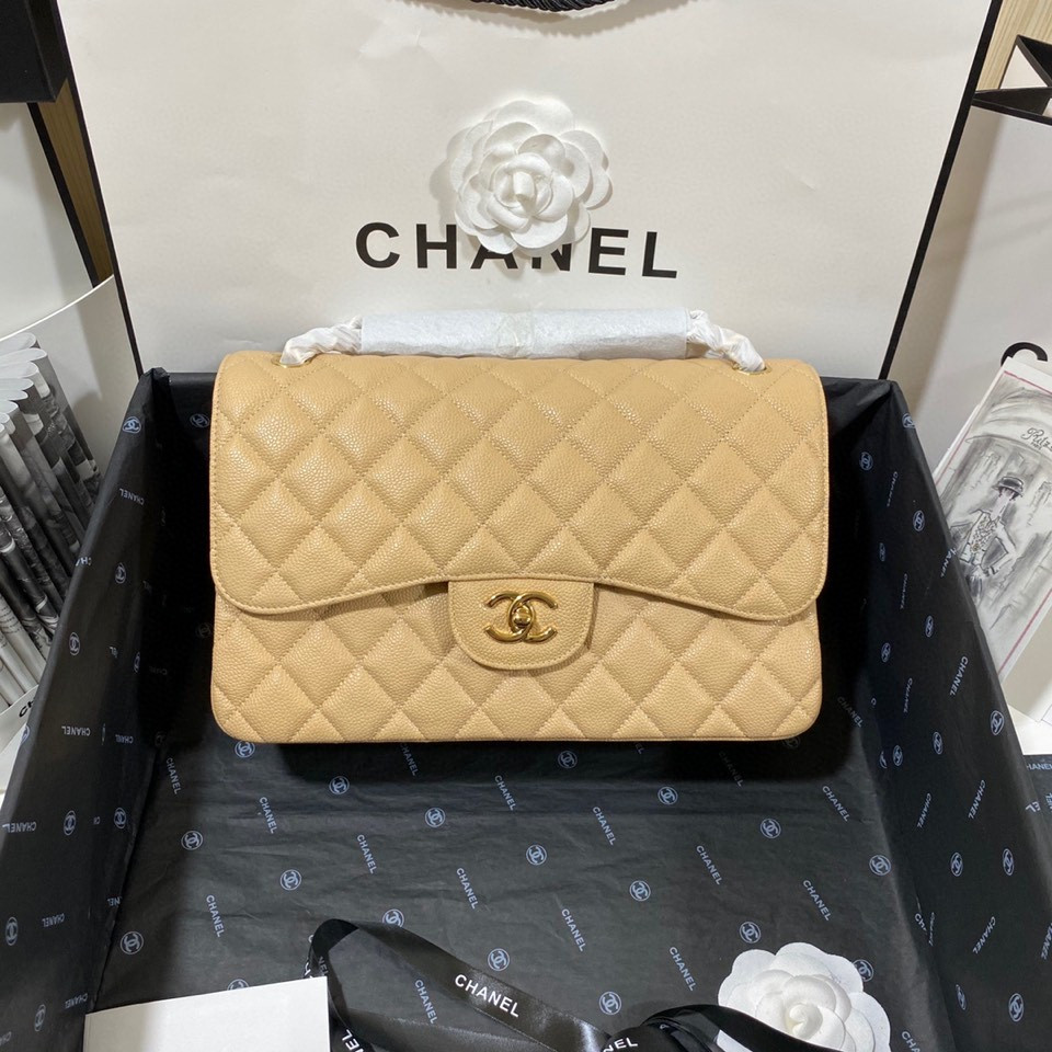 Ch**el Classic Flap Jumbo 30cm CF Khaki Gold 7.6 × 11.7 × 3.9 in