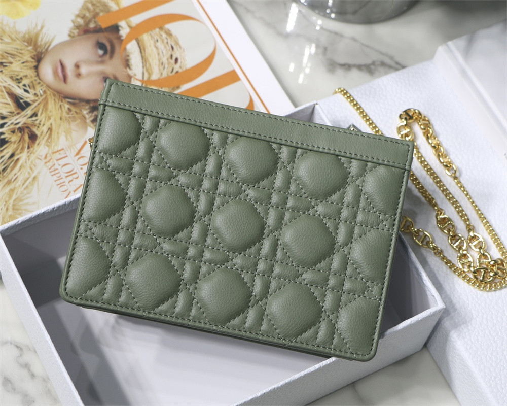 D10r CARO ZIPPED POUCH WITH CHAIN Green S*pple Cannage Calfskin 19 x 14 x 4.5 cm