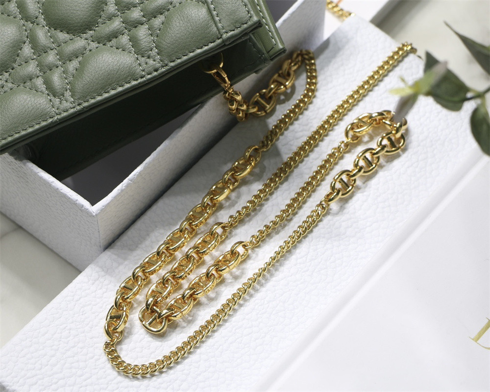 D10r CARO ZIPPED POUCH WITH CHAIN Green S*pple Cannage Calfskin 19 x 14 x 4.5 cm