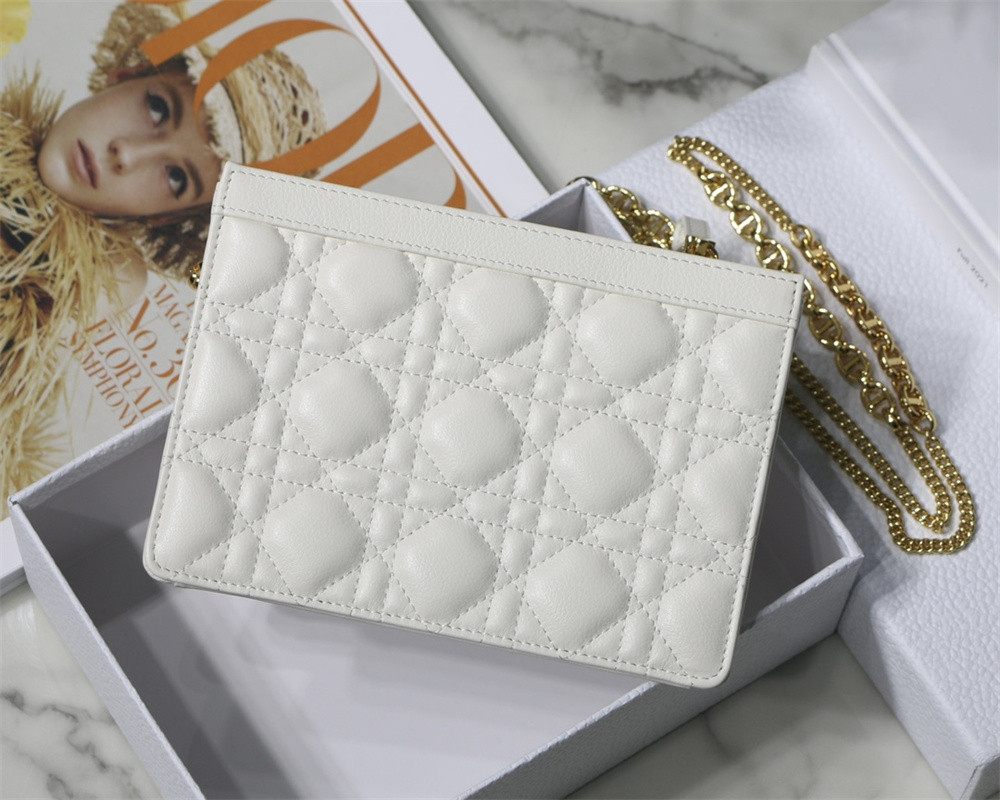 D10r CARO ZIPPED POUCH WITH CHAIN Latte S*pple Cannage Calfskin 19 x 14 x 4.5 cm