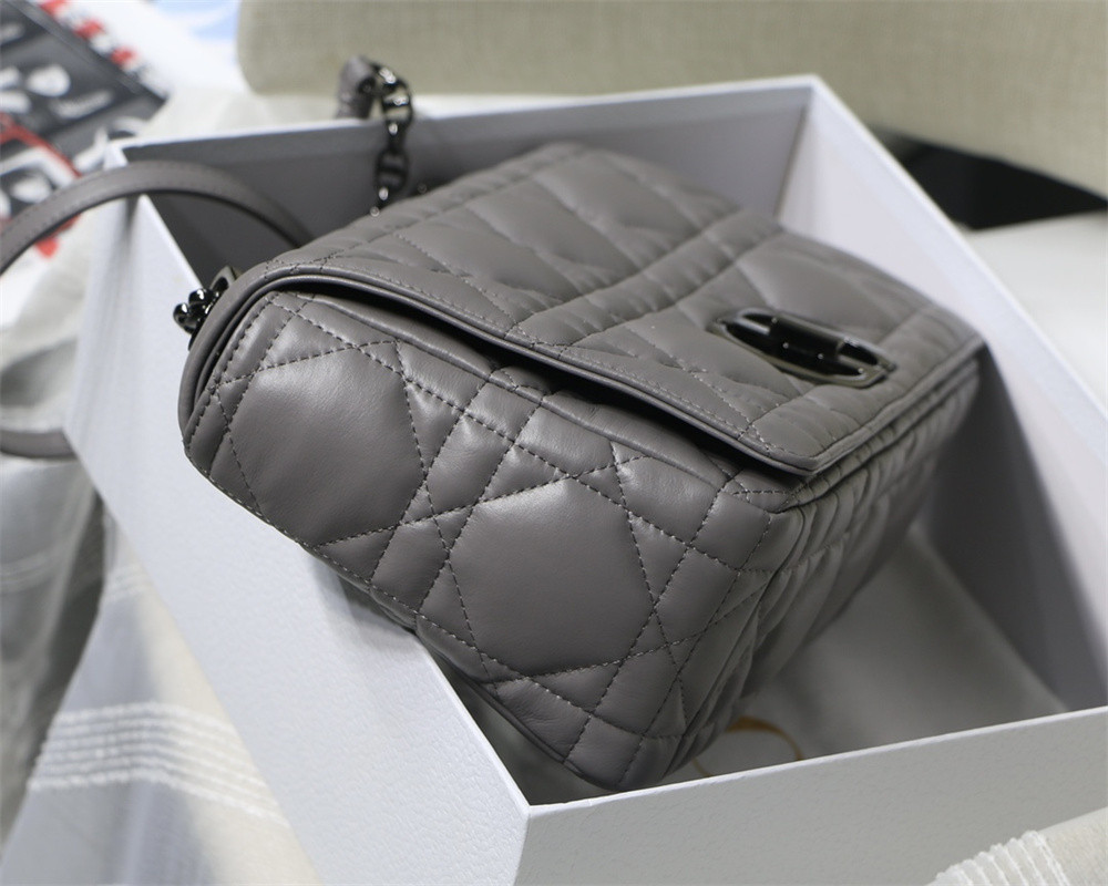 LARGE D10r CARO BAG Stone Gray S*pple Cannage Calfskin With Silver Hardware 29 x 18 x 10 cm