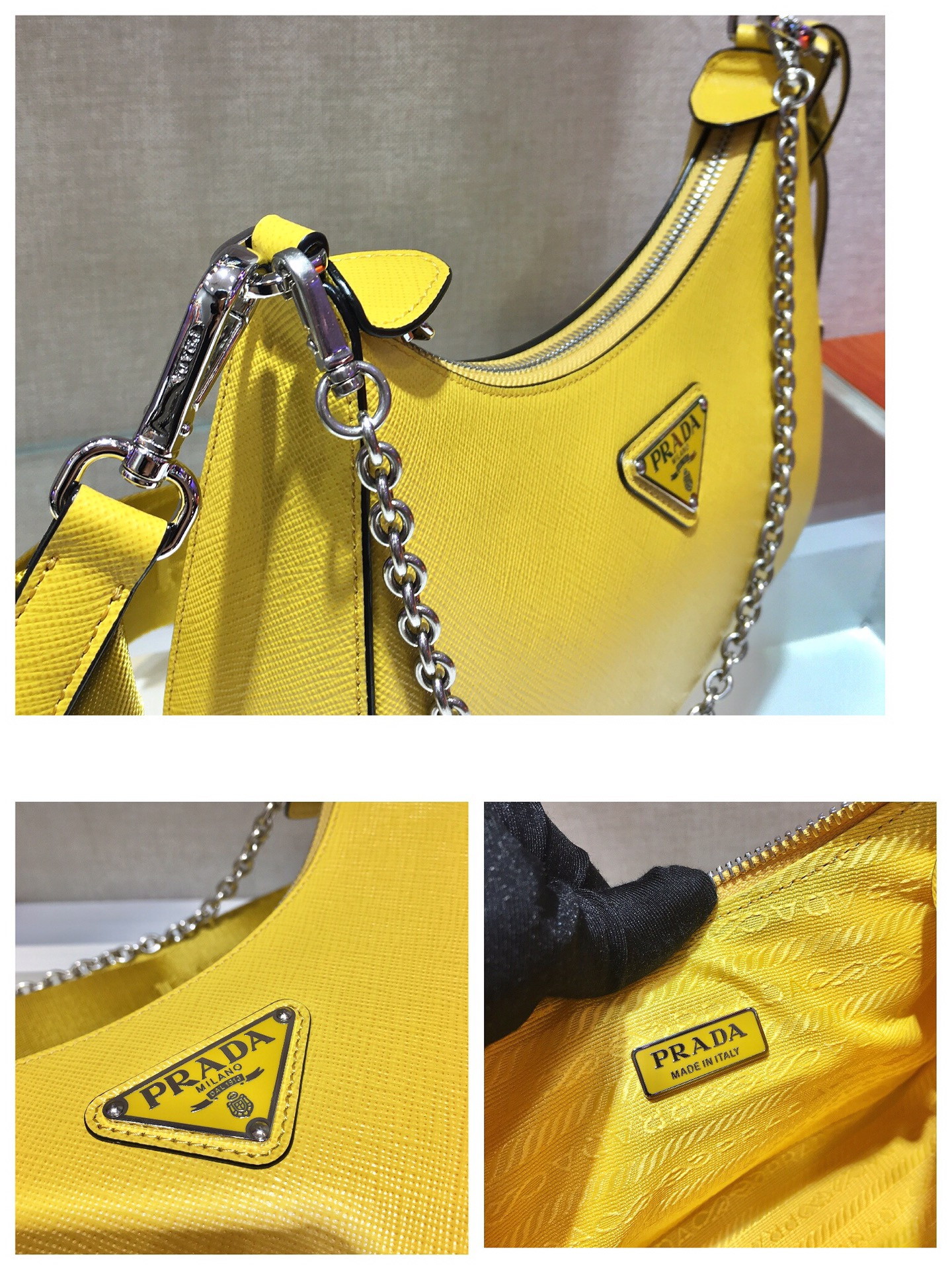 Pra*a Re-Edition 2005 Saffiano leather bag dark yellow
