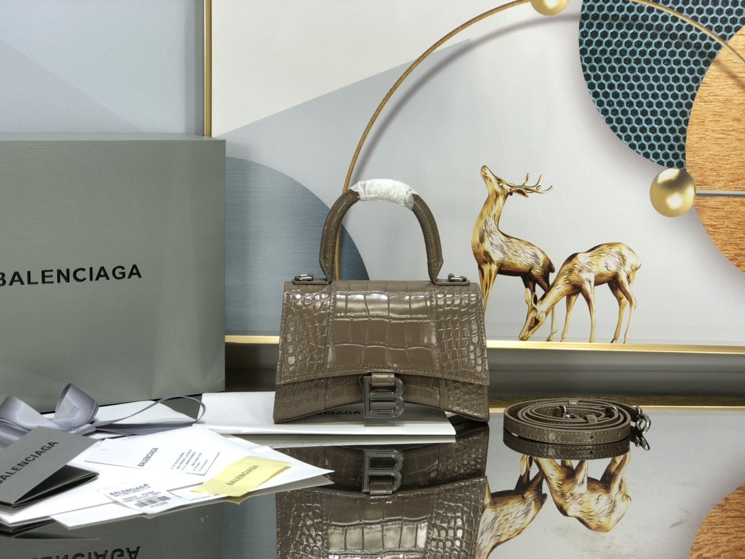 Ba1en*iaga WOMEN'S HOURGLASS MINI HANDBAG CROCODILE EMBOSSED IN APRICOT L7.4 x H5.1 x W3.1 inch