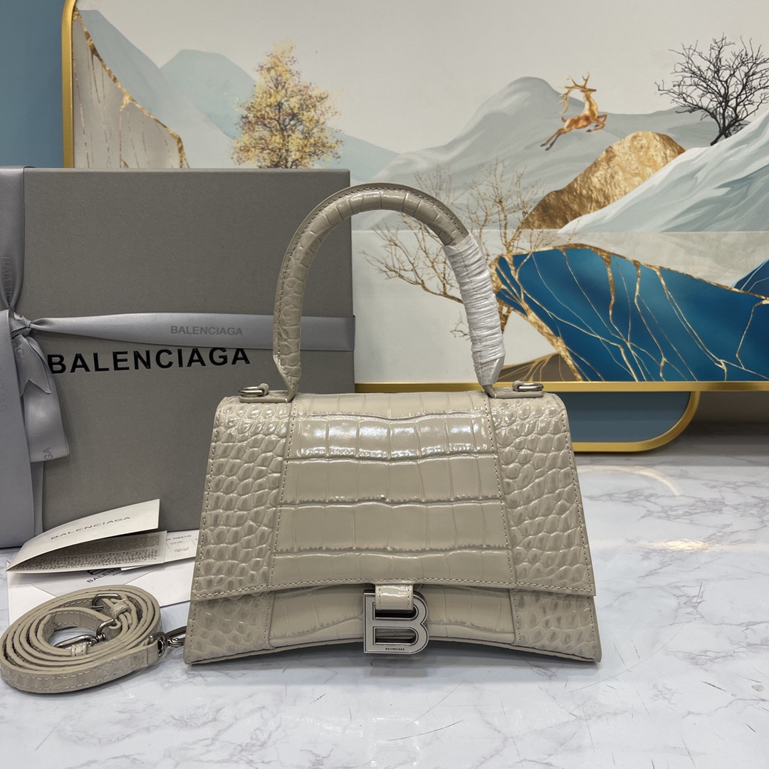 Ba1en*iaga WOMEN'S HOURGLASS SMALL HANDBAG CROCODILE EMBOSSED IN GREY L9 x H5.5 x W3.9 inch