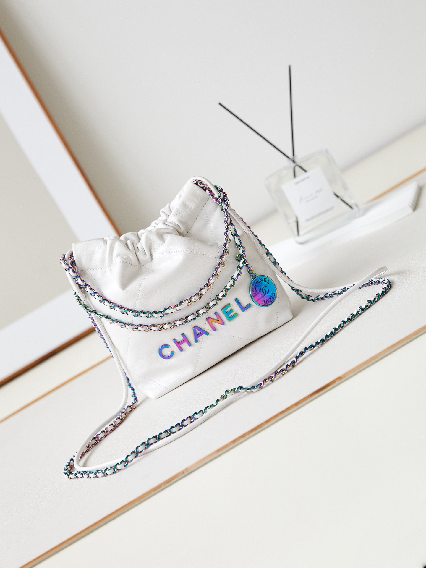 Ch**el 22 MINI HANDBAG Shiny Calfskin & Rainbow Metal White 7.8 × 7.4 × 2.3 in