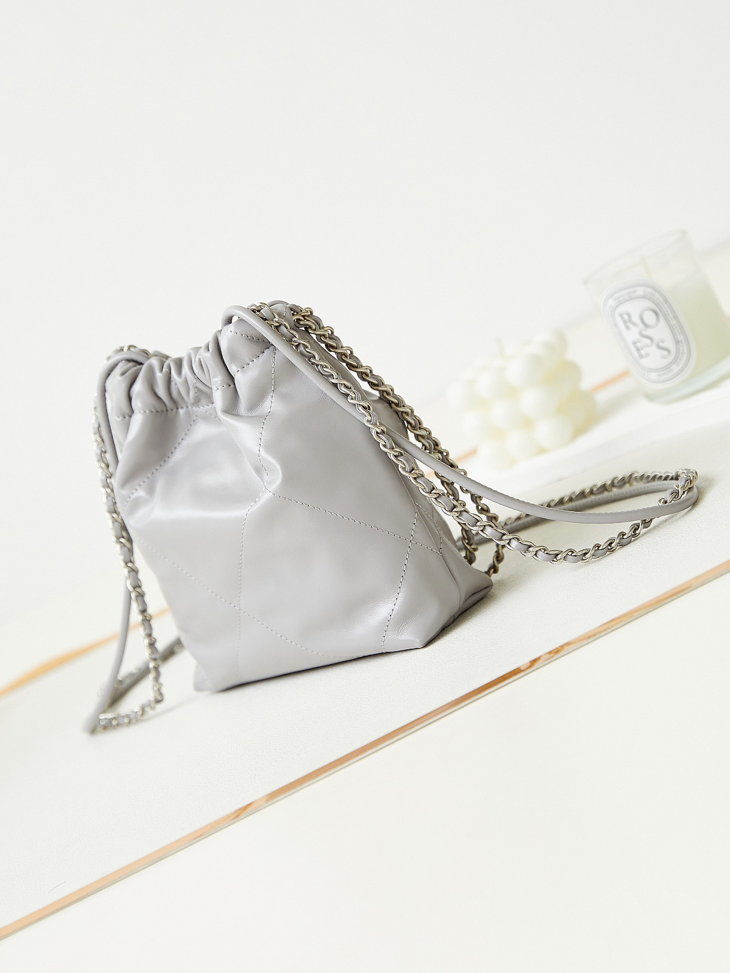 Ch**el 22 MINI HANDBAG Shiny Calfskin GREY 7.8 × 7.4 × 2.3 in