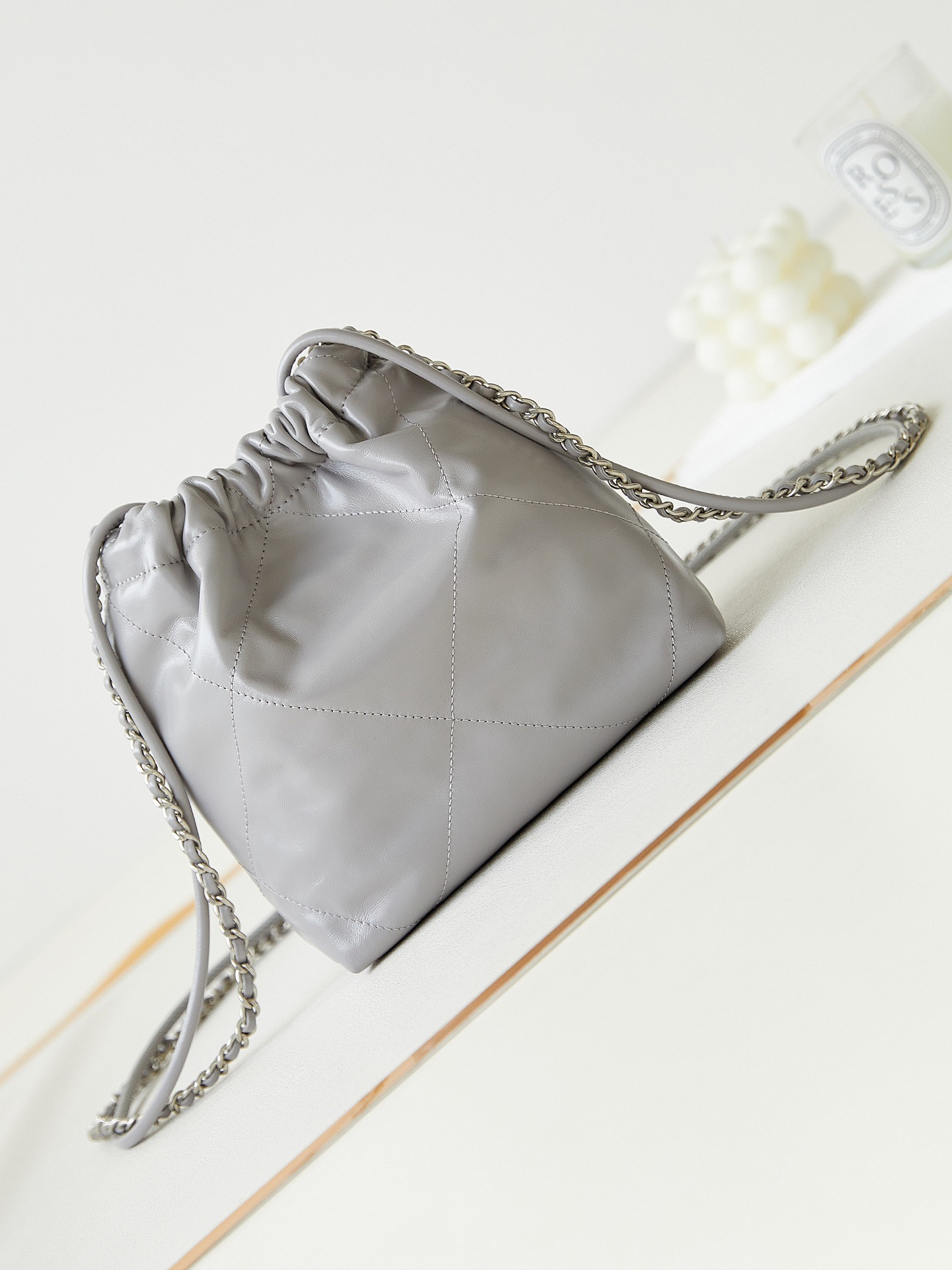 Ch**el 22 MINI HANDBAG Shiny Calfskin GREY 7.8 × 7.4 × 2.3 in