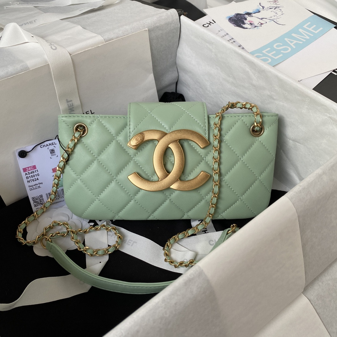 Ch**el BAGUETTE BAG LIGHT GREEN 4.5 × 9.4 × 1.8 in