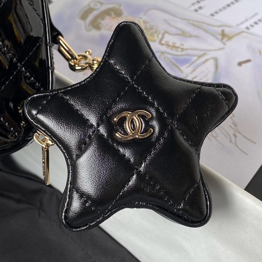 Ch**el MINI FLAP BAG & STAR COIN PURSE BLACK  5.9 × 7.8 × 2.5 in
