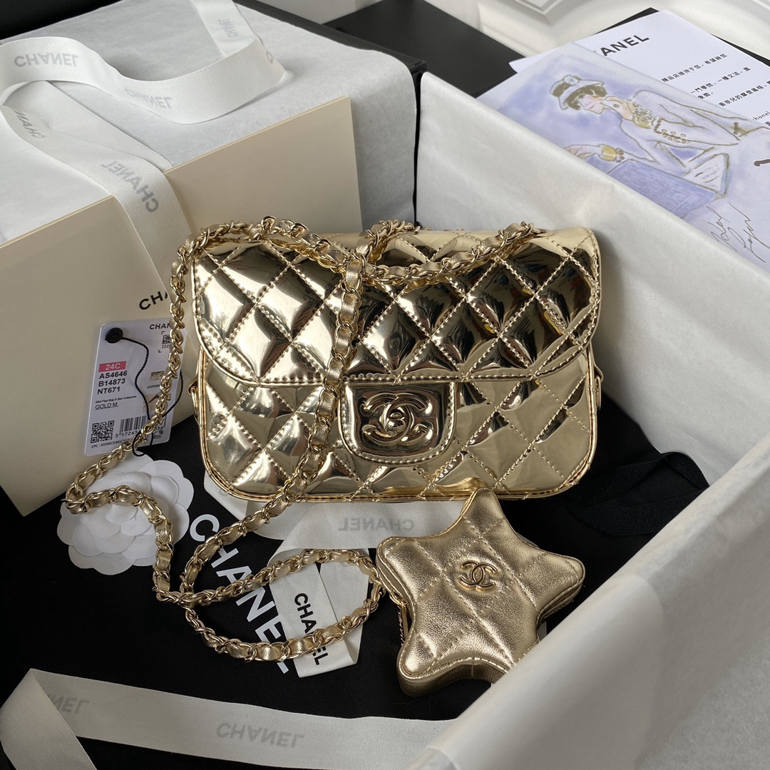Ch**el FLAP BAG & STAR COIN PURSE GOLD 12.5×19×5cm