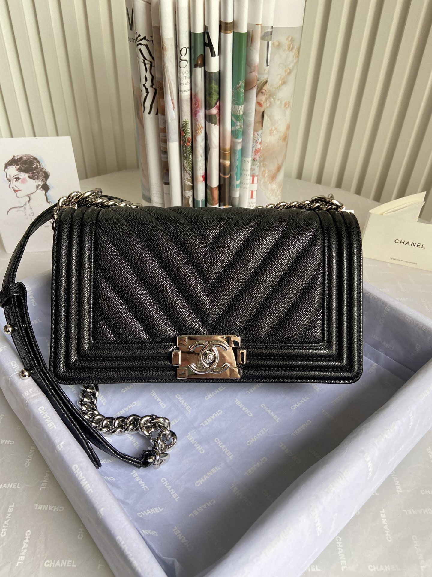 BOY Ch**el HANDBAG Shiny Grained Calfskin & Silver-Tone Metal Black 5.9 × 9.8 × 3.5 in