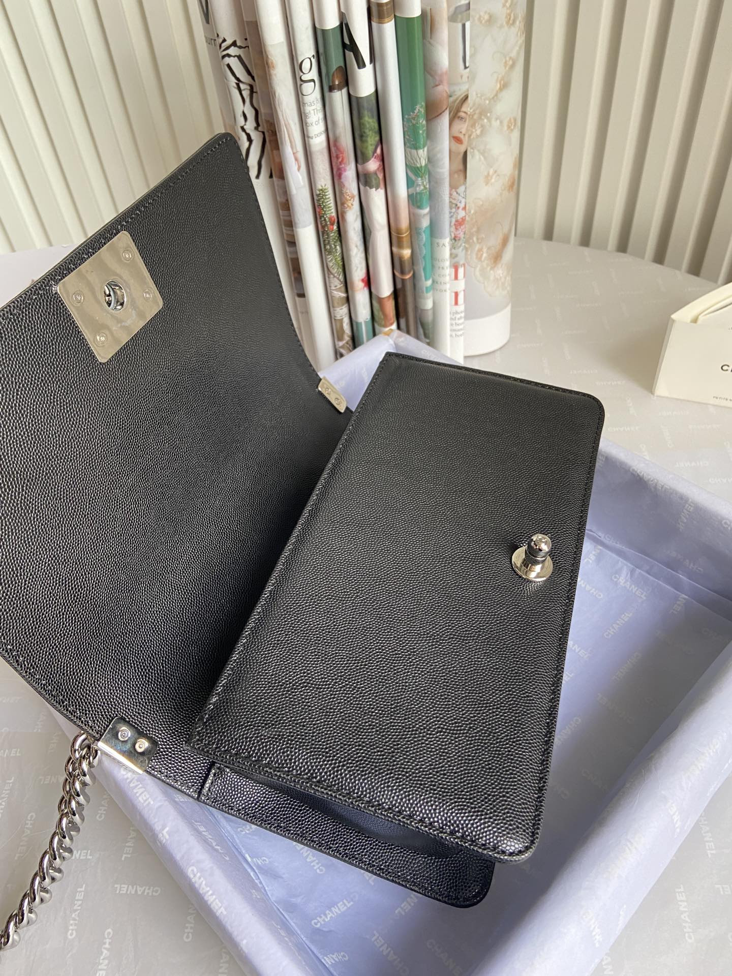 BOY Ch**el HANDBAG Shiny Grained Calfskin & Silver-Tone Metal Black 5.9 × 9.8 × 3.5 in