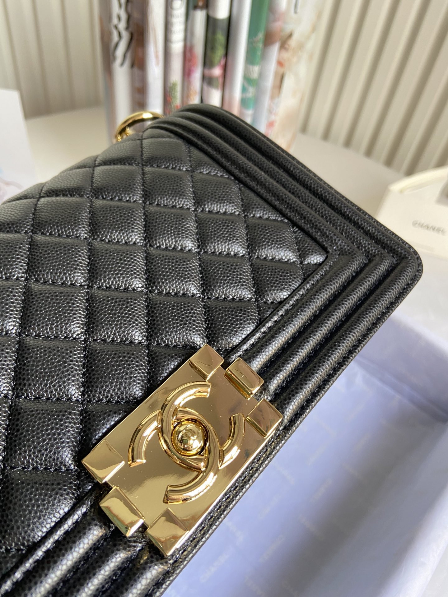 BOY Ch**el HANDBAG Shiny Grained Calfskin & Gold-Tone Metal Black 5.9 × 9.8 × 3.5 in