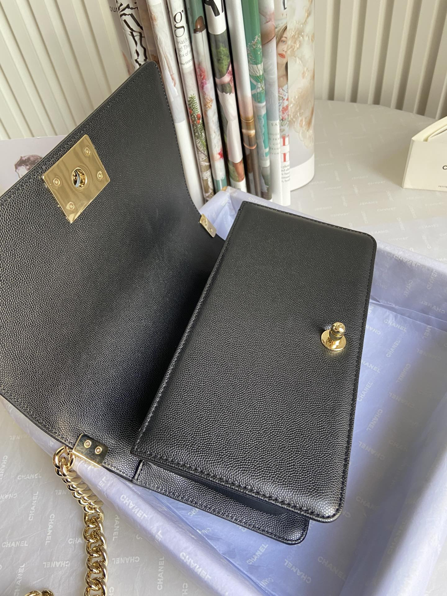 BOY Ch**el HANDBAG Shiny Grained Calfskin & Gold-Tone Metal Black 5.9 × 9.8 × 3.5 in