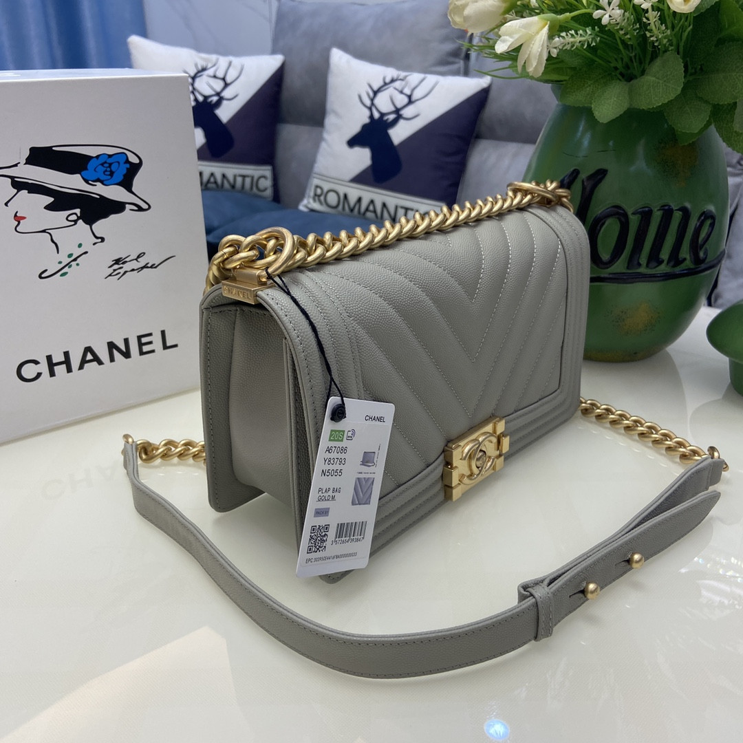 BOY Ch**el HANDBAG Shiny Grained Calfskin & Gold-Tone Metal Gray 5.9 × 9.8 × 3.5 in