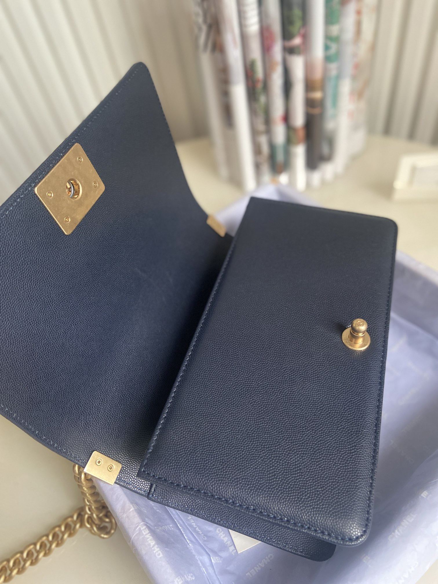 BOY Ch**el HANDBAG Shiny Grained Calfskin & Gold-Tone Metal Navy 5.9 × 9.8 × 3.5 in