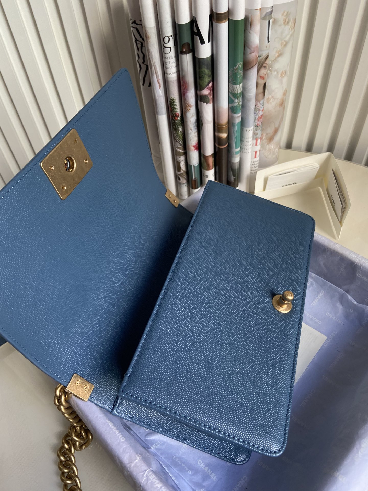 BOY Ch**el HANDBAG Shiny Grained Calfskin & Gold-Tone Metal Blue 5.9 × 9.8 × 3.5 in