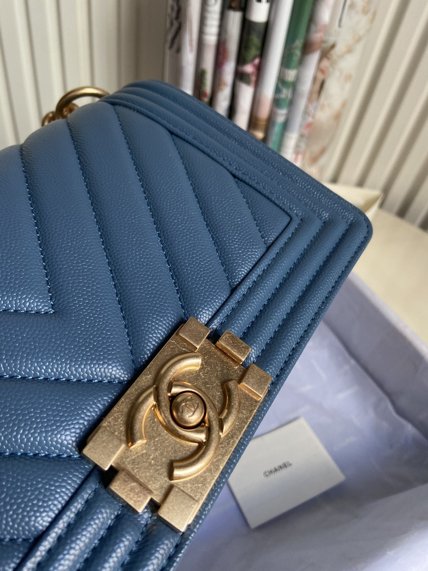 BOY Ch**el HANDBAG Shiny Grained Calfskin & Gold-Tone Metal Blue 5.9 × 9.8 × 3.5 in